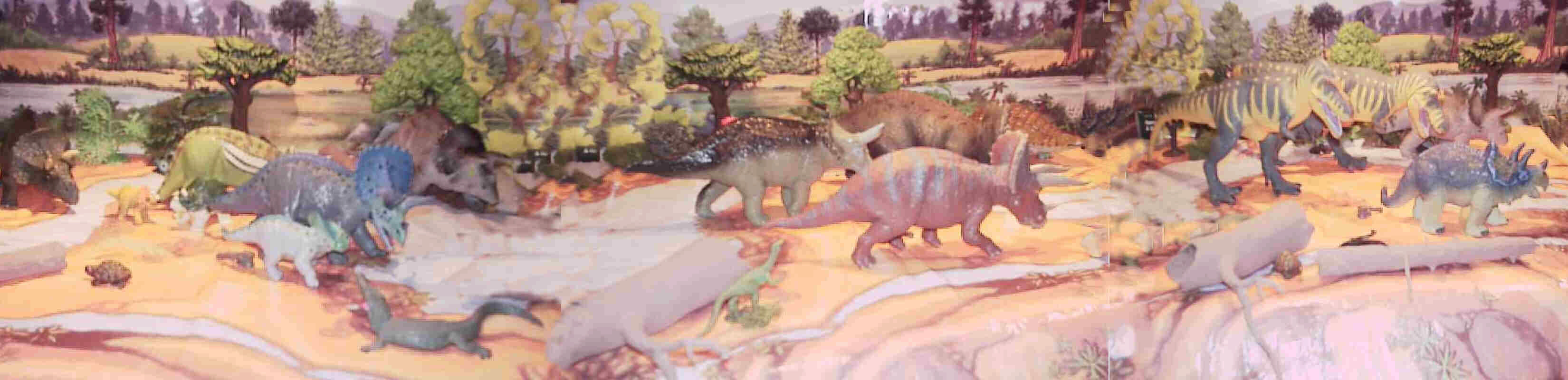 From Right to left Kaiydo Tyrannosaurus, Toyway Ankylosaurus, Kaiyodo Triceratops, Schleich Edmontosaurus, Toyway Leaellynasaura, Tamiya Hypsilophodon, Two different Tamiya Triceratops.