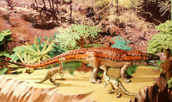 Toyway Postosuchus from the Walking with Dinosaurs series. K&M Coelophysis custom painted by Stephen Robertson.