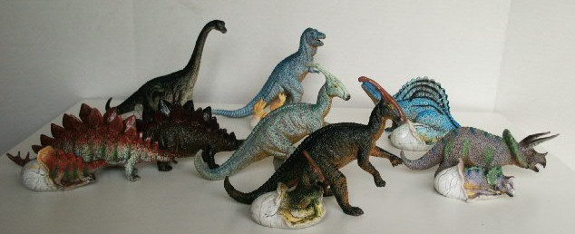 Stegosaurus, Brachiosaurus, Allosaurus, Parasaurlophus, Spinosaurus, and Tricerastops