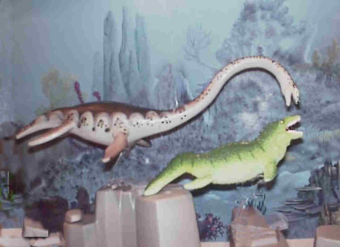 Original Elasmosaurus with downward pointing head, and retired Mosasaurus from Carnegie Safari series.