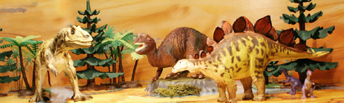New Bullyland Allosaurus, then a crouching Schleich Ceratosaurus. A a Toyway Walking with Dinosaurs Stegosaurus.
