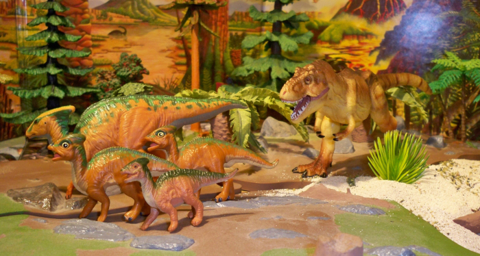 Wild Safari Parasaurlophus, baby, Tyrannosaurus and Safari Dino Toob baby
